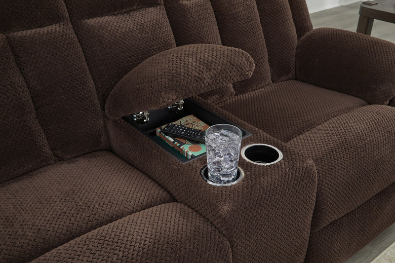 Free Wake - Double Relcining Power Loveseat With Console - Chocolate - R&R Furniture Gallery (Fountain Valley, CA)