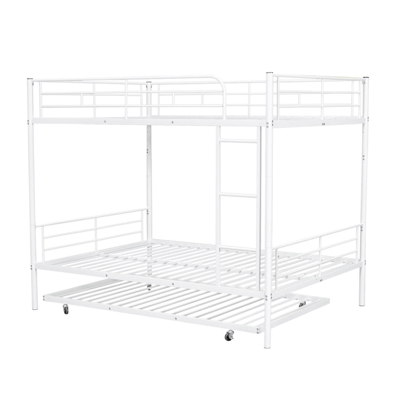 DreamHaus steel construction bunk bed with two stacked sleeping platforms and safety rails in a modern bedroom setting.