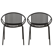 Set of two Noble House stackable outdoor chairs with breathable plastic backrests and sturdy metal frames.