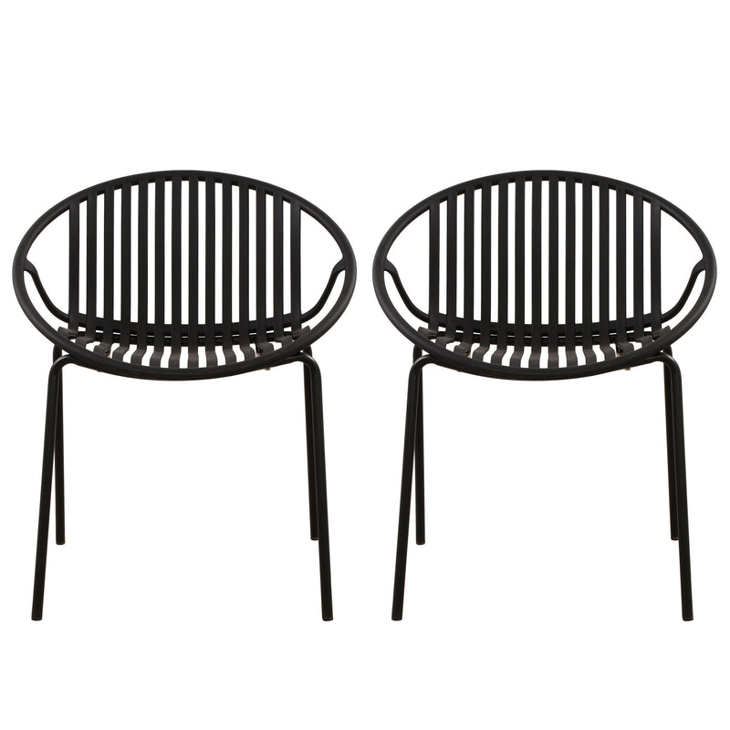 Set of two Noble House stackable outdoor chairs with breathable plastic backrests and sturdy metal frames.