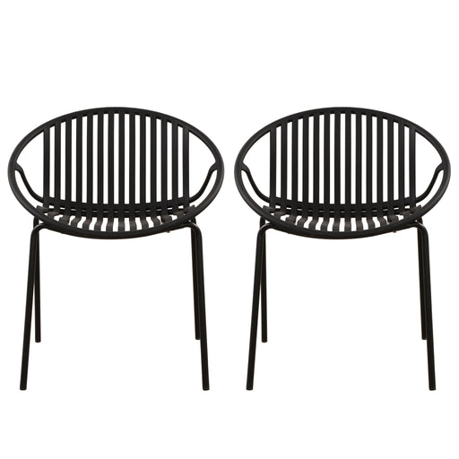 Set of two Noble House stackable outdoor chairs with breathable plastic backrests and sturdy metal frames.
