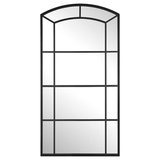 Black oversized arch mirror by Uttermost with a sleek, modern design and a bold curved frame for stylish wall decor.