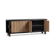 Classic Home Ellison 4-door Shoreline Noir buffet cabinet with sleek black finish and modern design, featuring four spacious doors.