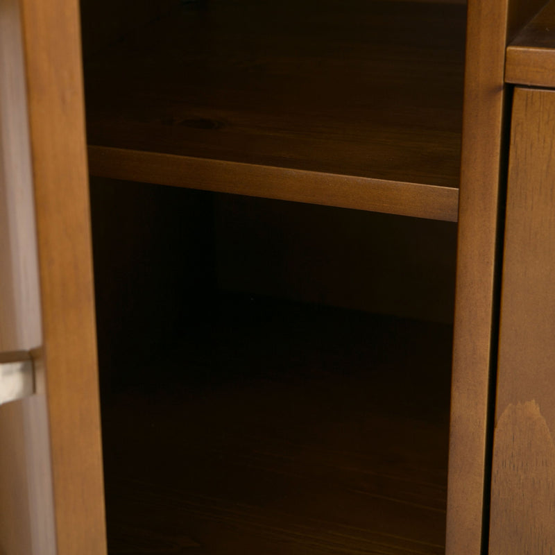 Handcrafted Warm Shaker TV media stand by Simpli-Home with wood finish, featuring open shelving and storage cabinets.