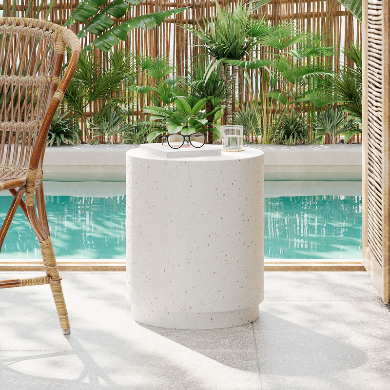 Outdoor Terrazzo Concrete Drum End Table, Living Room Accent Table - White Terrazzo - R&R Furniture Gallery (Fountain Valley, CA)