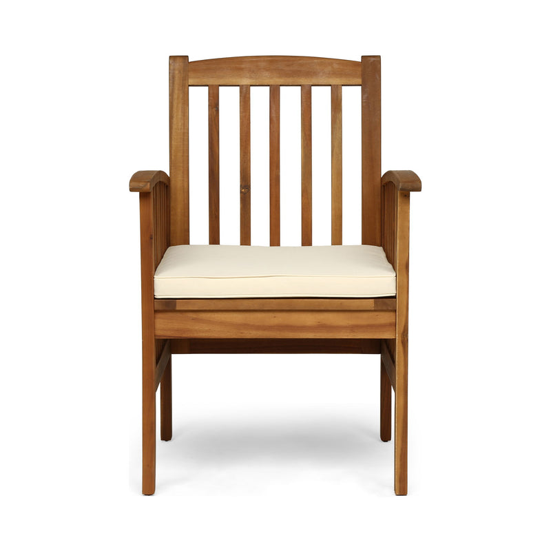 Noble House Casa acacia wood dining chair set with cushioned seats, showcasing elegant design and comfortable seating arrangement.