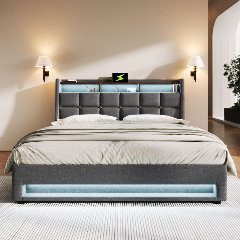 Upholstered Platform Bed With A Hydraulic Storage System, LED And USB Charging (Without Mattress) - R&R Furniture Gallery (Fountain Valley, CA)