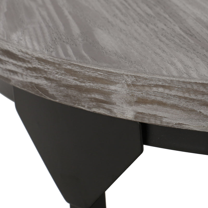 Gray Noble House coffee table with wood-patterned tabletop and black iron frame, showcasing modern design and sturdy construction.
