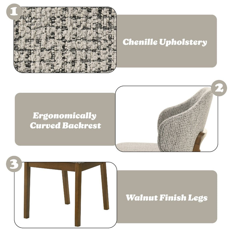 Pair of ACME Oleia side chairs with plush chenille upholstery and walnut wood legs, showcasing a modern, stylish design.