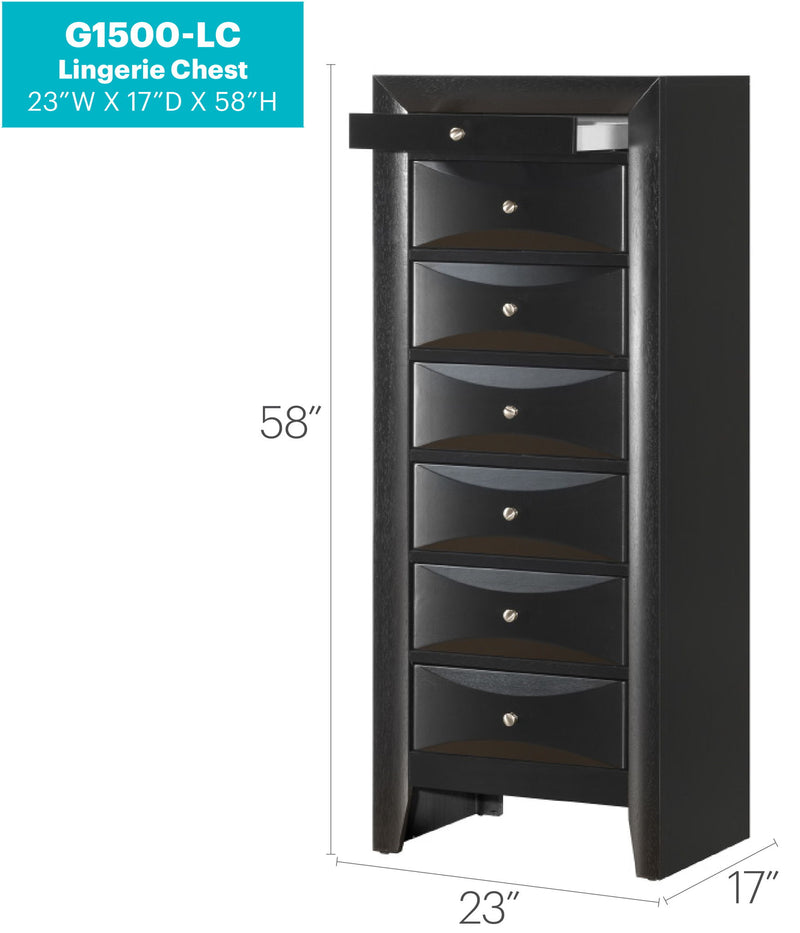 Marilla 7-drawer lingerie chest by Glory Furniture with a sleek wooden finish, featuring multiple spacious drawers for storage.