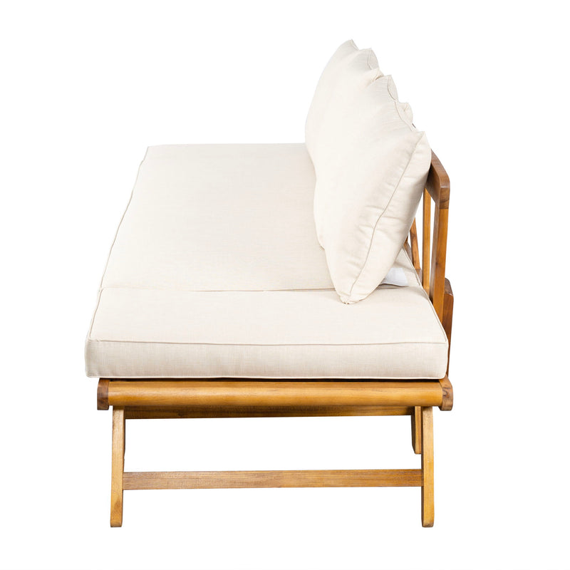 Outdoor patio daybed sofa by Noble House with three seats, foldable arms, and four back pillows for comfortable outdoor lounging.