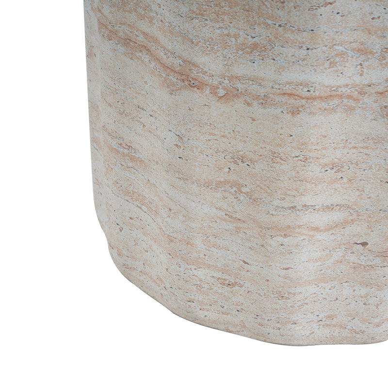Beige lightweight concrete side table with travertine top, suitable for indoor and outdoor use, by Noble House.