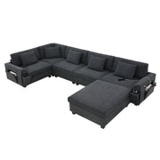 U Shaped Sectional Sofa 6 Seat Couch Set With Oversized Ottoman, Hidden Armrest Storage And Cup Holders USB Charging Ports Wide Seat Sofa - R&R Furniture Gallery (Fountain Valley, CA)