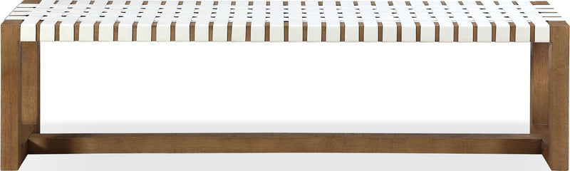 One Woven Leather and Solid Wood Dining Bench in White and Bisque