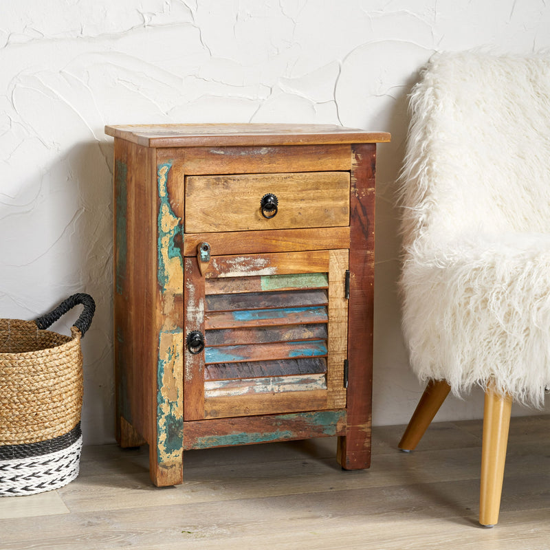 Natural recycled wood side table with drawer and door by Noble House, showcasing a rustic finish and functional storage.