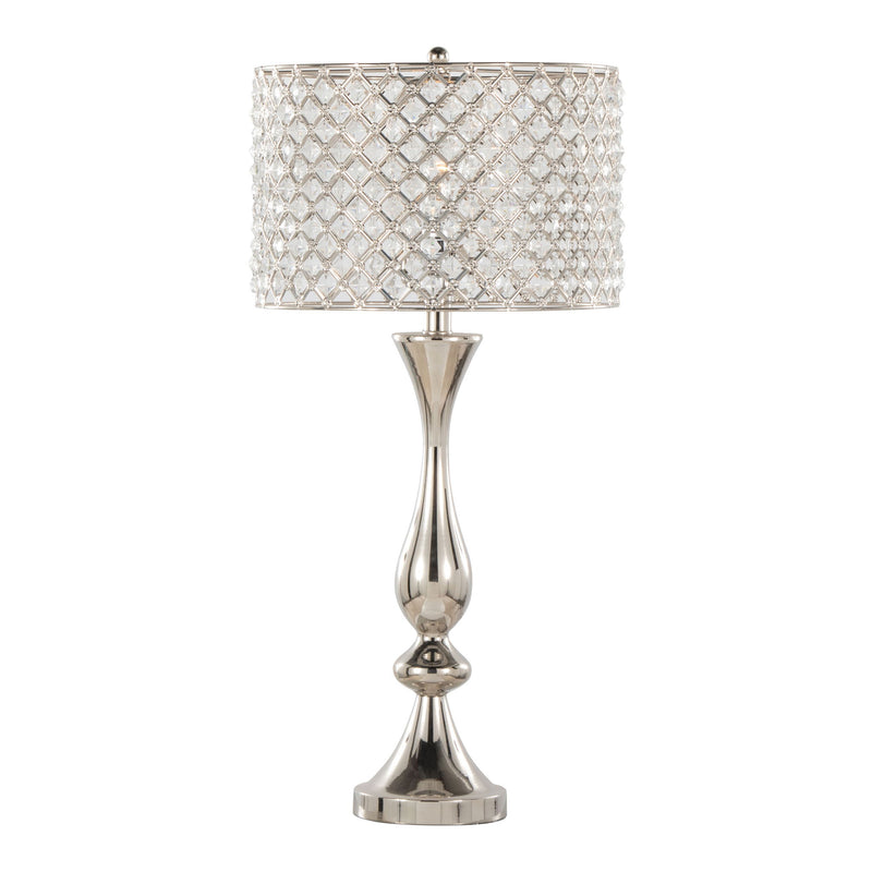 Lumi Source Topaz contemporary table lamp with sleek design and neutral-colored shade on a wooden side table.