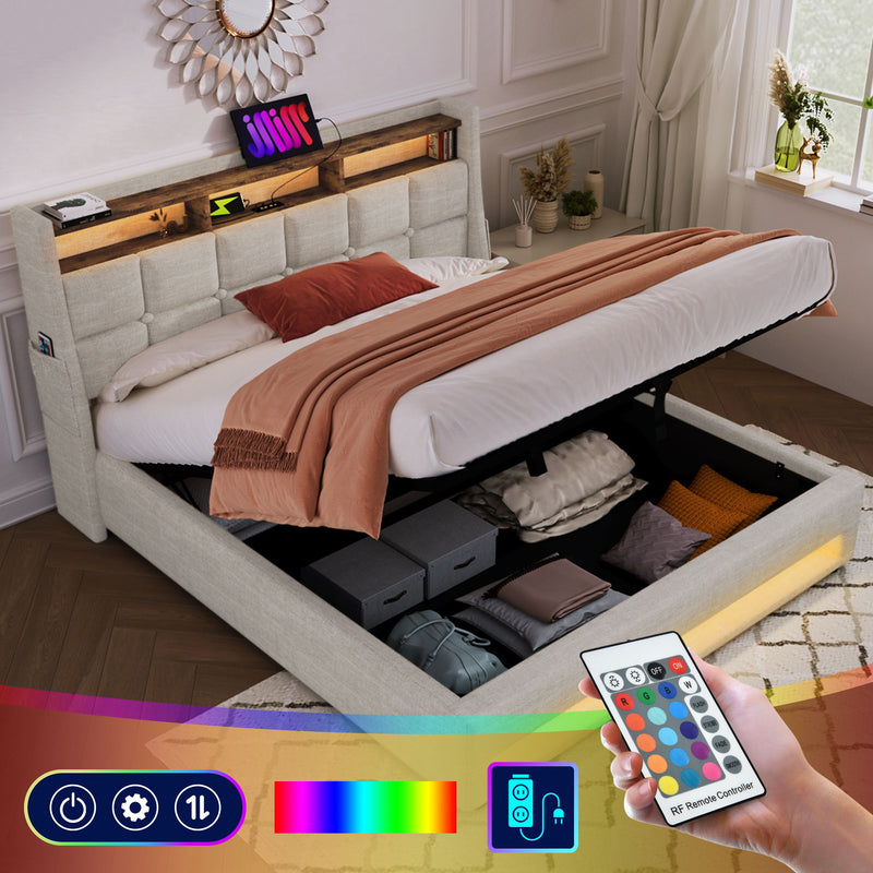 Artistry At Home upholstered platform storage bed with hydraulic lift, LED lighting, and USB charging ports, without mattress.