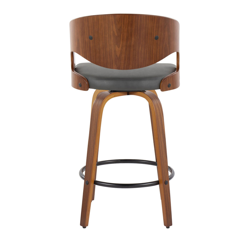 Lumi Source Pino mid-century modern fixed height barstool set with swivel, round footrest, sleek design, and wooden finish.