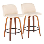 Set of two Lumi Source Toriano mid-century modern counter stools with wooden seats and metal legs.