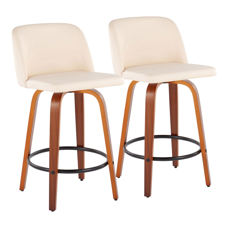 Set of two Lumi Source Toriano mid-century modern counter stools with wooden seats and metal legs.