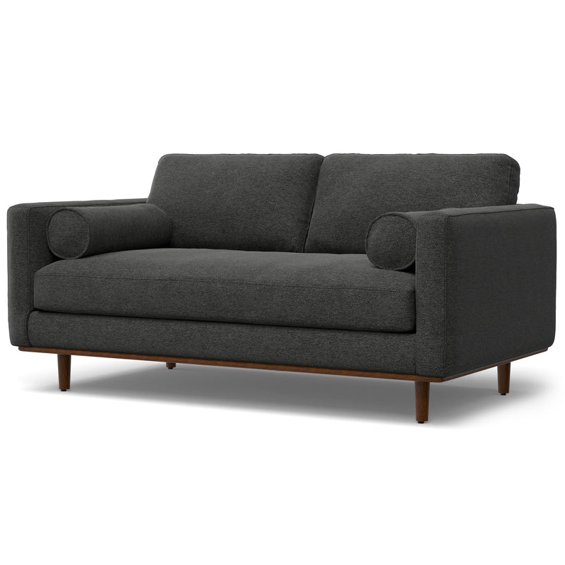 Simpli-Home Morrison upholstered stationary sofa with plush cushions and neutral fabric in a stylish living room setting.
