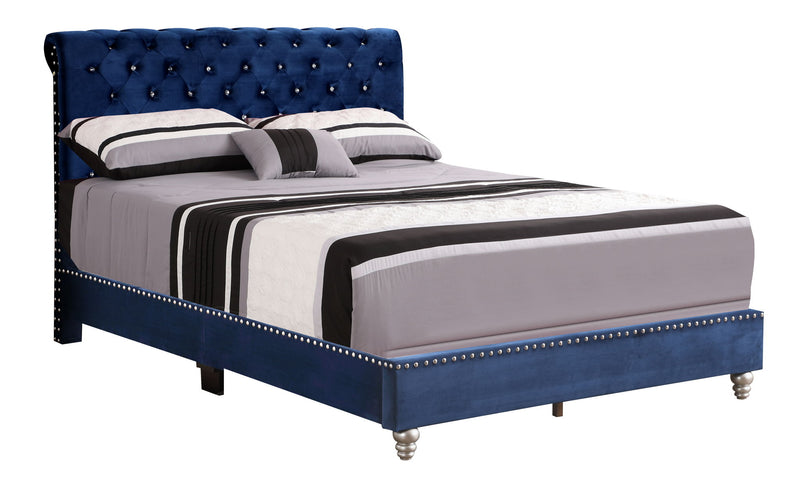 Elegant upholstered bed by Glory Furniture featuring a stylish transitional design with padded headboard and plush fabric.