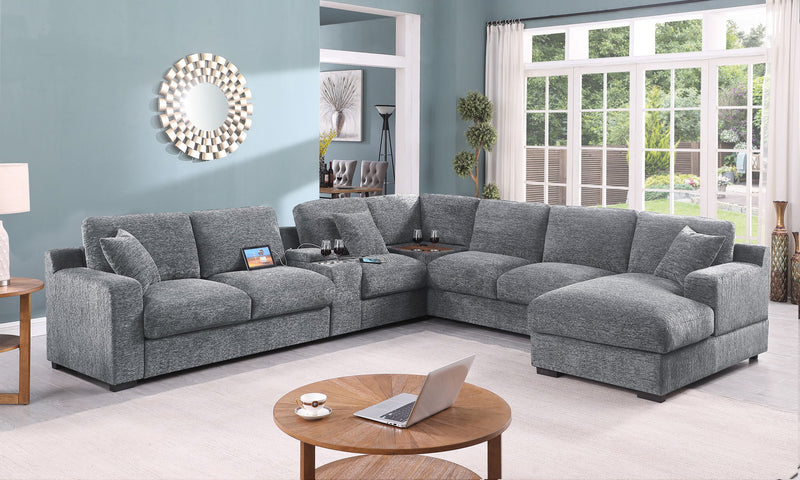 Celine - Fabric Corner Sectional Sofa With Right-Facing Chaise, Cupholders, And Charging Ports - R&R Furniture Gallery (Fountain Valley, CA)
