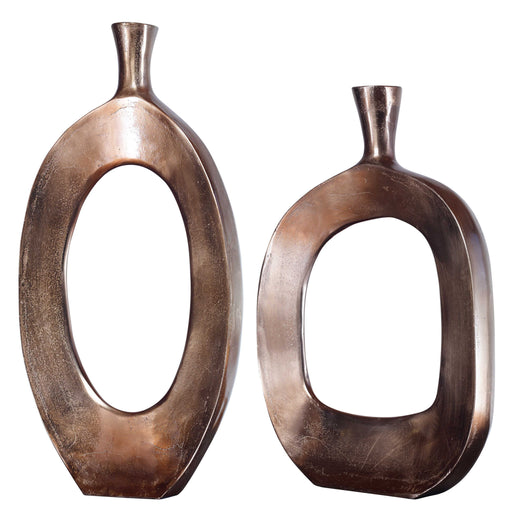 Set of two bronze Kyler textured vases by Uttermost, featuring sleek, modern design with a textured surface.
