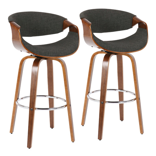 Set of two Lumi Source Curvini Mid-Century Modern fixed height barstools with swivel seats, featuring wooden legs and upholstered seats.