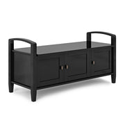 Handcrafted Warm Shaker entryway storage bench by Simpli-Home with wooden finish and cushioned seat, ideal for shoe storage and seating.