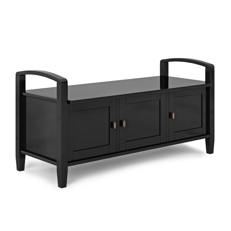 Handcrafted Warm Shaker entryway storage bench by Simpli-Home with wooden finish and cushioned seat, ideal for shoe storage and seating.