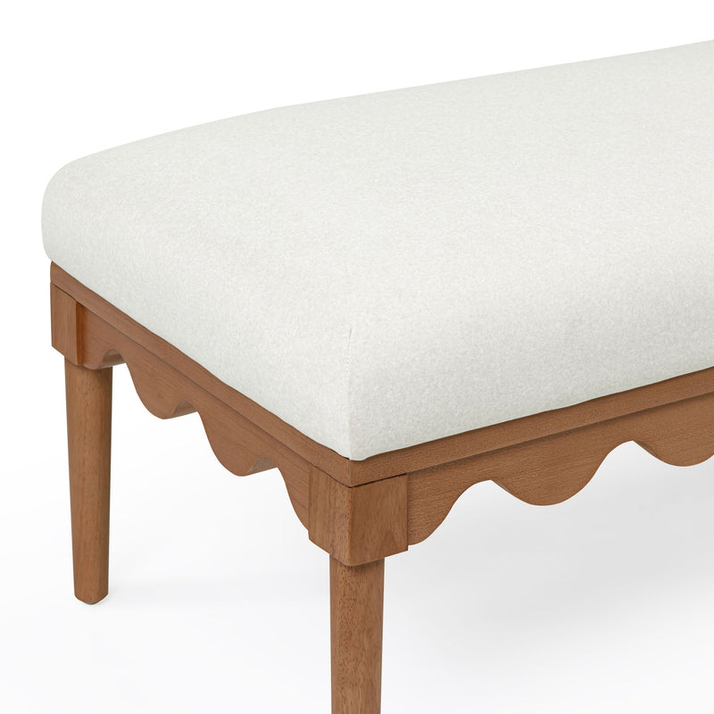 TOV Furniture Oodle vegan mohair bench with walnut wood legs, upholstered seating for living room or entryway.