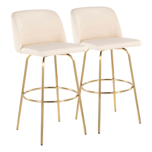 Set of two Lumi Source Toriano contemporary fixed height barstools with swivel seats and round footrests, featuring sleek modern design.