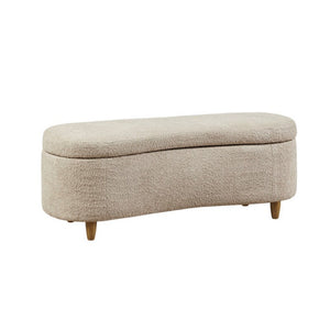 JLA Bailey flip top taupe storage bench with cushioned lid and wooden legs, ideal for versatile home storage and seating.