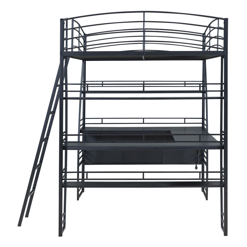 Loft Bed With 4 Layers Of Shelves And L-Shaped Desk, Stylish Metal Frame Bed With A Set Of Sockets, USB Ports And And Wireless Charging - R&R Furniture Gallery (Fountain Valley, CA)