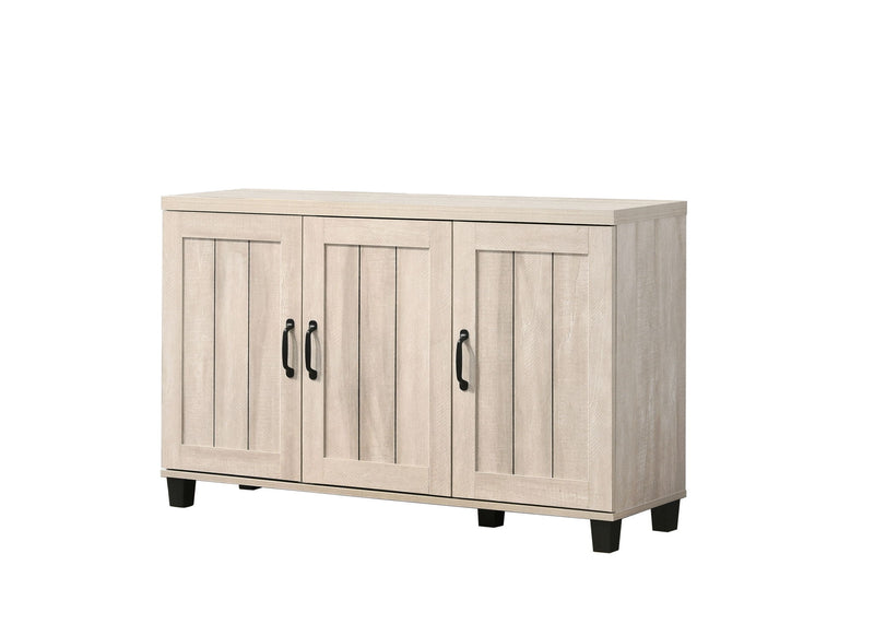 Lilola Home Corby oak finish 3-door shoe cabinet in dusty gray with sleek design and multiple compartments for organized footwear storage.