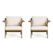Pair of outdoor acacia wood club chairs with beige cushions by Noble House, perfect for patio seating, set of two.