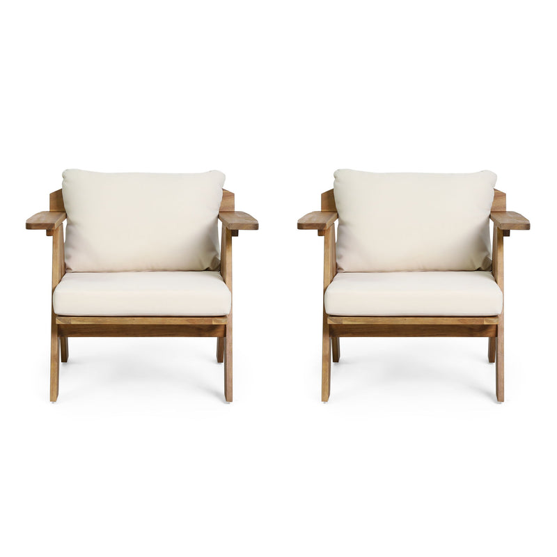 Pair of outdoor acacia wood club chairs with beige cushions by Noble House, perfect for patio seating, set of two.