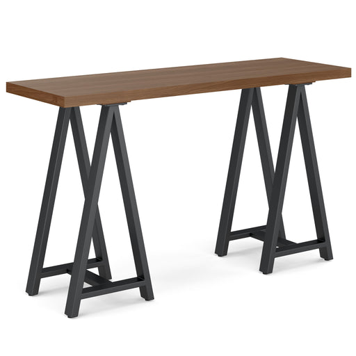 Handcrafted solid wood sawhorse coffee table by Simpli-Home with rustic design and sturdy construction.