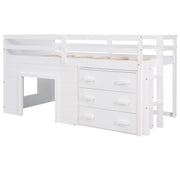 DreamHaus loft bed with integrated cabinet and shelf, featuring a sturdy wooden frame and functional storage options.