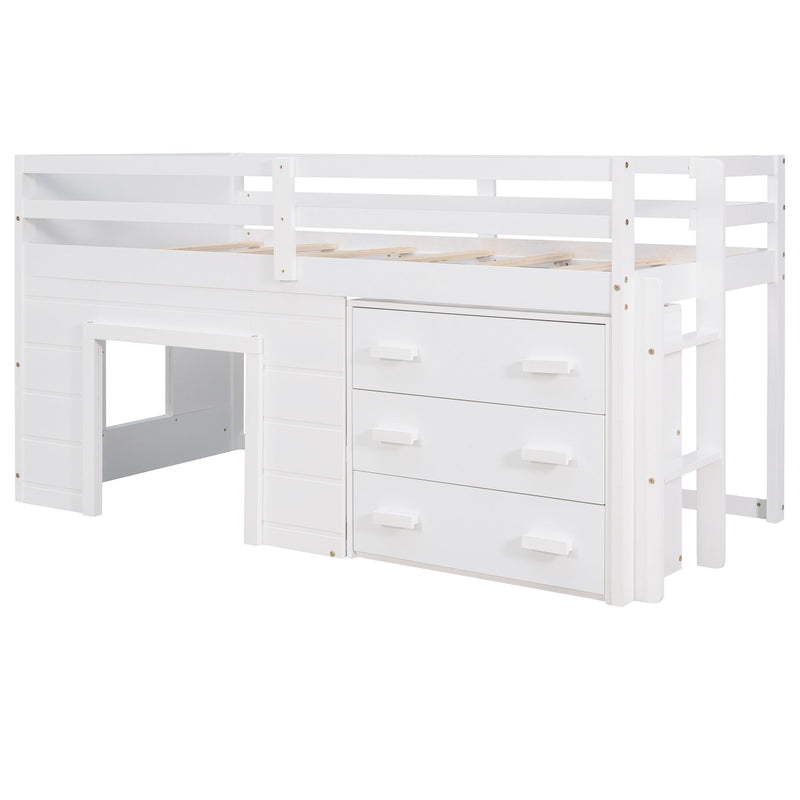 DreamHaus loft bed with integrated cabinet and shelf, featuring a sturdy wooden frame and functional storage options.