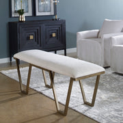 White geometric accent bench by Uttermost featuring a modern, angular design suitable for living rooms or entryways.