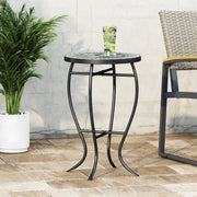 Black outdoor side table with a colorful tile mosaic tabletop by Noble House, perfect for patio or garden decor.