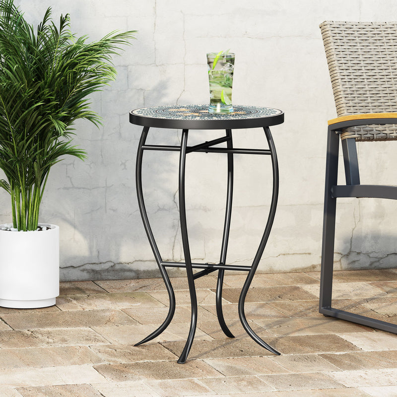 Black outdoor side table with a colorful tile mosaic tabletop by Noble House, perfect for patio or garden decor.