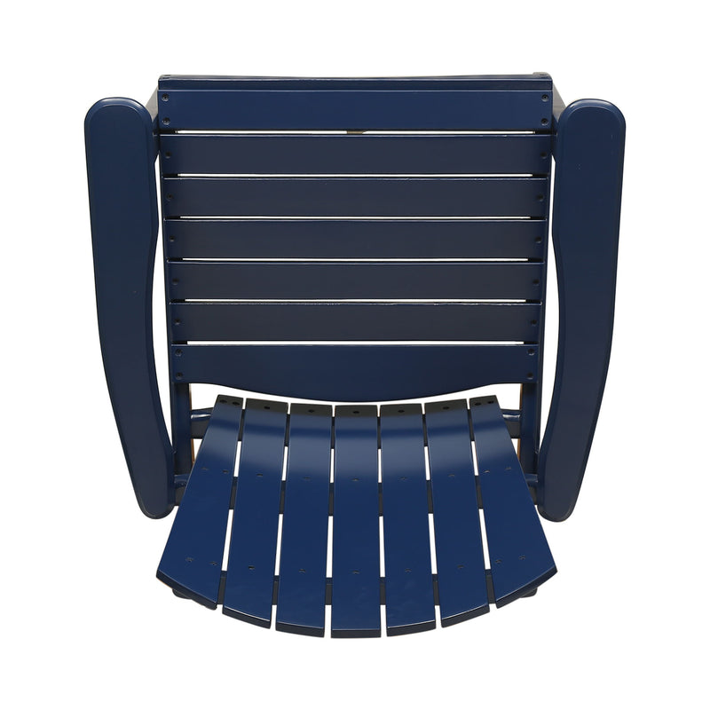Set of two Noble House outdoor weather-resistant Acacia wood Adirondack dining chairs with armrests and slatted back design.