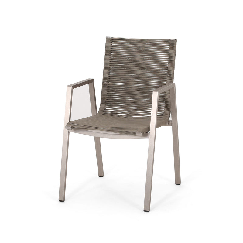 Pair of Noble House outdoor modern aluminum dining chairs with rope sea accents, set of 2, featuring sleek design and comfortable seating