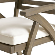Set of two Noble House Helen outdoor acacia wood dining chairs in gray and creme, stylish patio seating for outdoor dining.