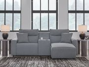 Signature Design by Ashley Modmax II reclining sectional in salt and pepper fabric with plush cushions and reclining features.