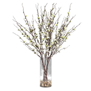 Quince Blossoms - Silk Centerpiece, Plant In A Clear Glass Vase - Dark Brown