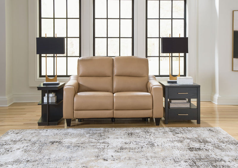 Ashley Mosswell power reclining loveseat with adjustable headrest in toffee color, showcasing plush fabric and reclining feature.